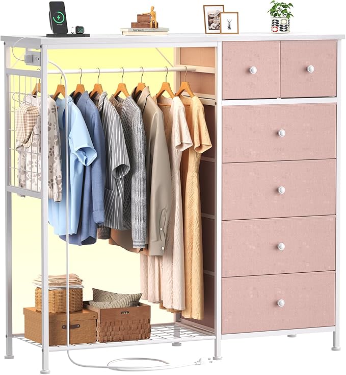 OLIXIS 6 Storage for Bedroom with Hanging Rack with LED Lights & Charging Station, Fabric Chest of Storage with Rack, Wooden Top, for Home Living Room Entryway Pink