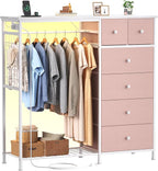 OLIXIS 6 Storage for Bedroom with Hanging Rack with LED Lights & Charging Station, Fabric Chest of Storage with Rack, Wooden Top, for Home Living Room Entryway Pink