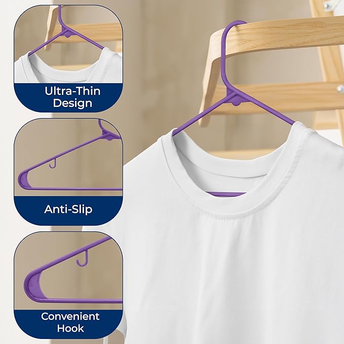 SereneLife 30 Pack Plastic Clothes Hangers – Ultra Lightweight Slim Non Slip Heavy Duty Closet Hanger Set for Coats Shirts Dresses Pants Durable Space Saving Wardrobe Organization (Purple)