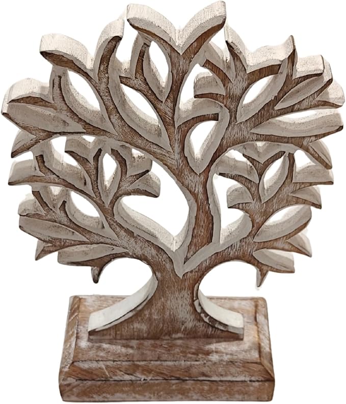 VANIYA CRAFTS® Wooden Tree of Life Decor – Handmade Carved Sculpture Statue for Home Decor, Living Room, Bedroom, Office Desk, or Shelf Display (Antique White)