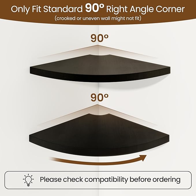 Fun Memories Corner Shelf Wall Mount, Solid Oak Wood Floating Corner Shelves with Cable Hole, 8.5in Rustic Design for Bedroom, Bathroom, Kitchen, Living Room (Black, 1 Pack)