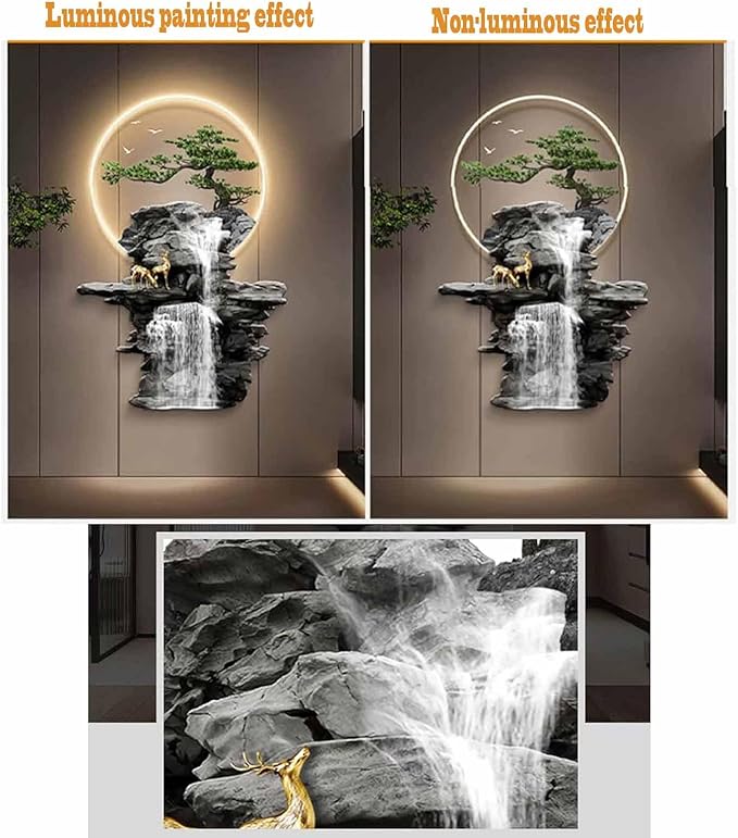 YFQHRXYS 3D Oriental Waterfall Wall Art with LED Light,Oriental Welcoming Pine Landscape for Living Room Office Decor,Modern Art Wall Decor Sculptures, Plug-in Power Supply, Remote Control（50 * 75cm）