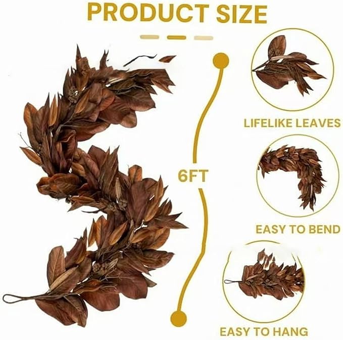 Brown Leaf Wreath, Artificial Realistic Reusable Leaf Swag Fall Porch Decorations Outdoor for Mantle Fall Decorations for Home (1-180)