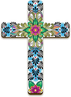 Maitys Floral Cross Wall Decor Hand Painted Decorative Inspirational Wooden Cross Mexican Art Wall Decor Mexican Crucifix for Home Room Church Decoration (Cute Style)
