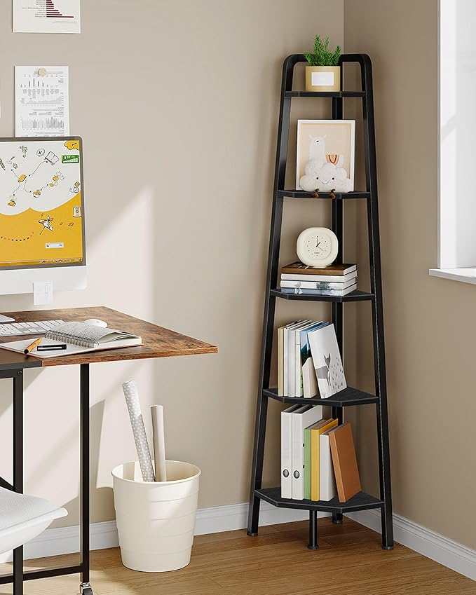 CHOEZON Corner Shelf, 5-Tier Ladder Corner Shelf, Ladder Bookshelf, 59.6" Tall Vertical Display Stand, Metal Frame Bookshelf, for Living Room, Bedroom, Kitchen, Black TCJ20BB