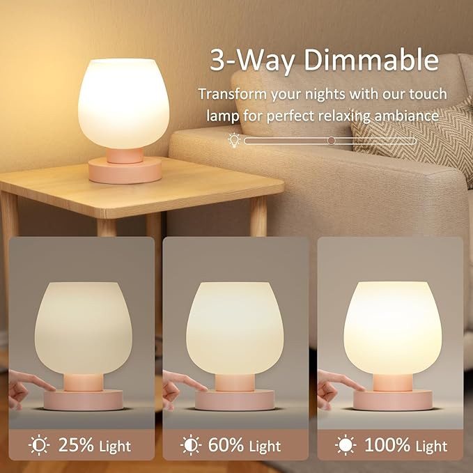 Seealle Pink Touch Table Lamp for Nightstand - Small Bedside Lamp for Bedroom Living Room Night Stands, Desk Lamp with White Glass Shade for Small Spaces, 3 Way Dimmable, LED Bulbs