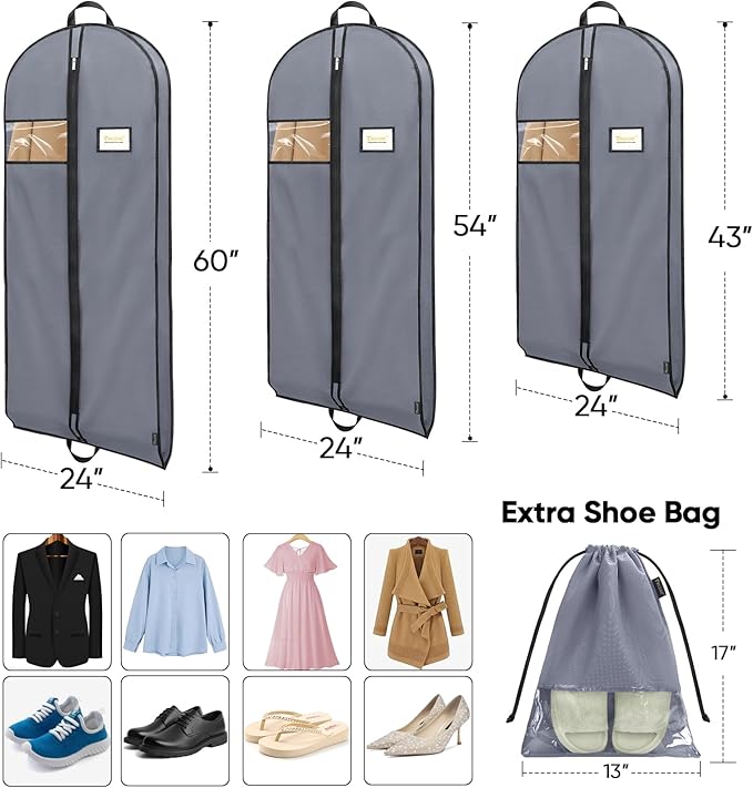 BALEINE 2PK Heavy Duty Garment Bag with Shoe Storage Travel Bag for Dresses, Suit, Coats Travel Essential (43", Grey)