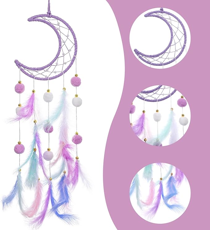 Dream Catcher Wall Hanging Set, 2 Pcs Purple Dream Catchers Wall Decor Feather Hanging Ornaments Moon Star Design Dreamcatcher for Girls Bedroom Room Decor Birthday