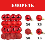 Emopeak 24Pcs Christmas Balls Ornaments for Xmas Christmas Tree - 4 Style Shatterproof Christmas Tree Decorations Hanging Ball for Holiday Wedding Party Decoration (Red, 1.3"/3.2CM)