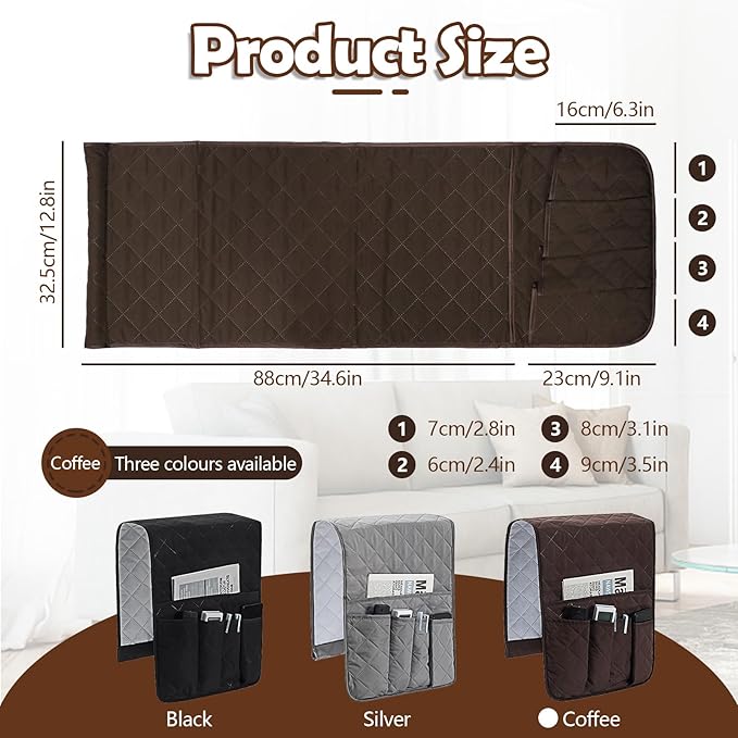 Huakaile Foldable Remote Control Holder Non-Slip Couch Sofa Chair Waterproof Armrest Organizer with 5 Pockets Armrest Organizer Couch Recliner Caddy Fits for Ipad, Phone, Magazines (Coffee)