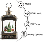Christmas Snow Globe Lantern Water Glittering Xmas Village with Music & Timer, USB Lined/Battery Operated Lighted Lantern for Christmas Festival Decoration Gifts
