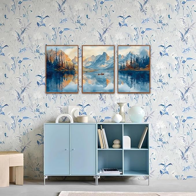 KAIRNE Landscape Wall Art Set of 3(24”X36”),Abstract Forest Canvas Paintings,Watercolor Blue Mountain Lake Prints,Framed Nature Scenery Artwork for Living Room Bedroom Home Office Gallery Decoration