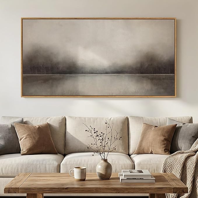 Large Framed Rustic Canvas Wall Art for Living Room, Neutral Abstract Nature Modern Prints Paintings Artwork for Walls, Horizontal Lake Landscape Pictures Wall Decor for Bedroom and Office, 30x60 In