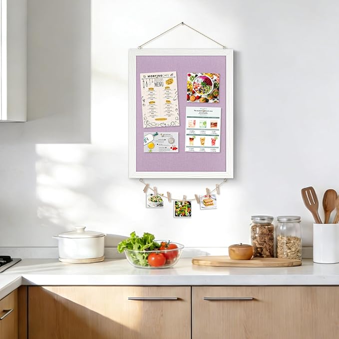 DOLLAR BOSS Bulletin Boards with Linen 1-Pack 16''X 12'' Double-Sided Cork Board for Walls Wood Framed Bulletin Boards, Small Pin Board for Home Kitchen Office Decorative Hanging 10 Pushpins, Purple