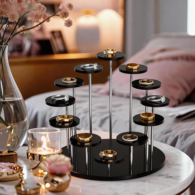 Round Acrylic Display Riser Stands, 12 Tier Jewelry Display Stands for Rings Earrings Mini Figurines 1 Pack(Black)