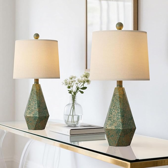 PoKat 20.25" Green Table Lamps Set of 2 for Night Stands, Vintage Bedside Lamps for Bedroom Living Room, Retro Bedroom Lamps for End Table, Suitable for Small Place, Green with Gold