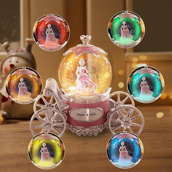 Cinderella Snow Globe for Girls, Music Box for Women with Color Changing LED Lights, Snowglobe Musical Boxes Gifts for Birthday Christmas Mother's Day Valentine's Day