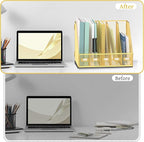 SUPEASY Desk Organizers Metal Desk Magazine File Holder with 5 Vertical Compartments Rack File Organizer for Office Desktop, Classroom, Home Workspace, Gold
