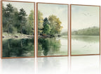 KAIRNE Framed Nature Canvas Wall Art Set,Misty Forest Wall Decor,Green Mountain Forest Pictures,Lake Water Painting set of 3(24”x36”),Landscape Scene Print for Living Room, Bedroom,Gallery Decor
