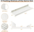 upsimples Floating Shelves for Wall, Wall Shelves for Decor Storage Set of 6, Wall Mounted Wood Shelf for Bedroom, Living Room, Bathroom, Kitchen, Picture Ledge Shelf, White