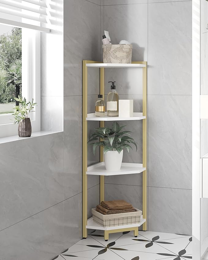 Hzuaneri Corner Shelf Stand, Corner Bookshelf, Storage Standing Shelf Unit with Metal Frame, Plant Stand, Bookcase for Living Room, Home Office, Bedroom, 4-Tier White Gold CS05803A