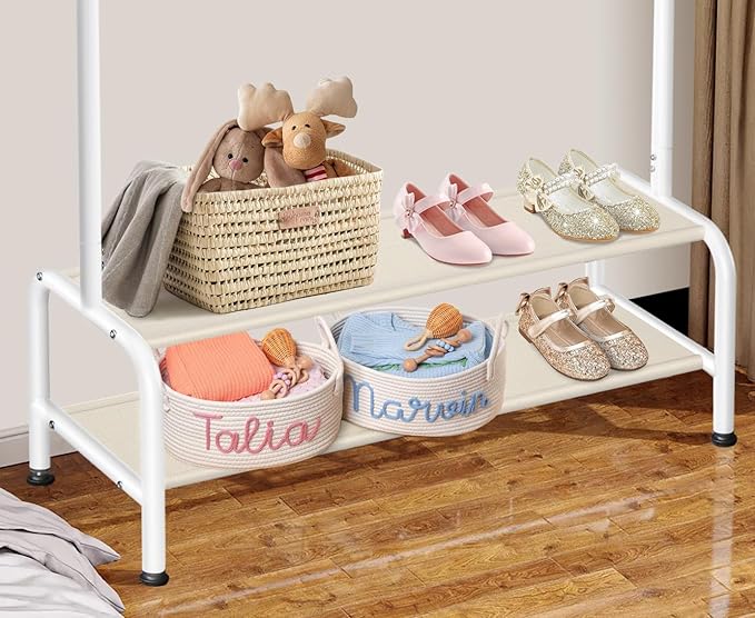 Kids Clothing Rack - Dress Up Clothes Rack - Baby Toddler Closet - Mini Freestanding Coat Racks with 2 Fabric Shelves - Small Kids Costume Wardrobe - Garment Rack for Hanging Clothes Organizer