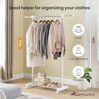LiaMeE Adjustable Clothing Rack for Hanging Clothes, Heavy Duty Garment Rack with Wheels，Free Standing Rolling Clothes Rack with Shelf & Grid, Easy Assembly Standard Rod, White & Chrome