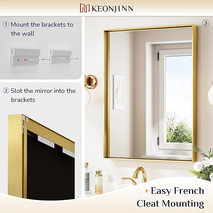 Keonjinn Brushed Shiny Gold Bathroom Mirror 22 x 30 Inch, Rectangle Gold Vanity Mirror for Wall, Aluminum Alloy Metal Framed, Modern Farmhouse, Square Corner, Brass Mirrors for Over Sink