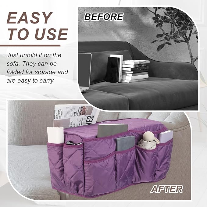 uxcell 2 Pcs Recliner Armchair Caddy, Couch Armrest Organizer with 14 Pockets for Bedside Sofa Remote Control Holder Magazine Phone Book Glasses (Purple, 20" x 7" x 9")