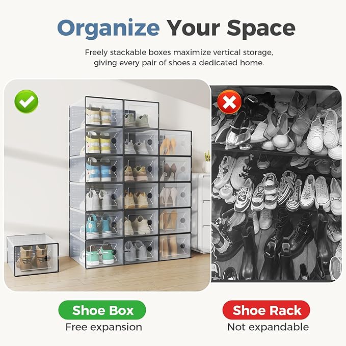 NEWBULIG 15 Pack Clear Shoe Storage Boxes, Shoe Organizer for Closet with Lid, Durable PE Transparent Shoe Containers Ideal for Sneakers, Heels & Boots, Black