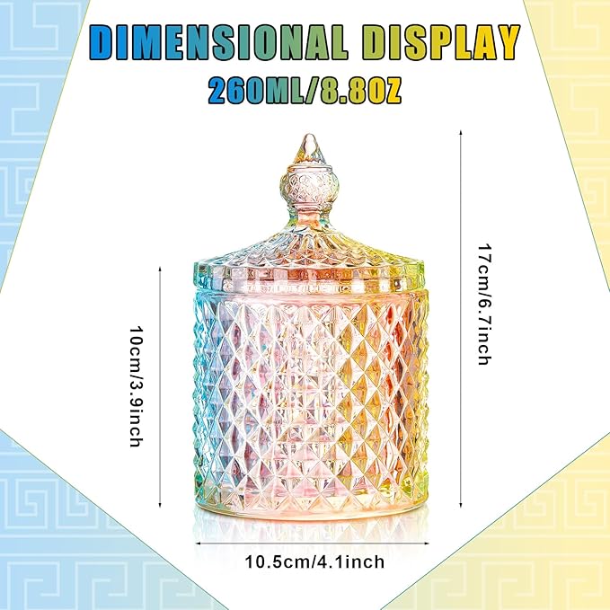 Aoriher 4 Pcs Crystal Glass Candy Jar Set with Lids Home Decorative Storage Jars for Apothecary, Bathroom, Kitchen, and Pantry, Ideal for Cotton Swabs and Jewelry(Medium,Colorful)