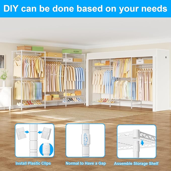 Ulif E13C Pro Heavy Duty Closet Organizer System，Freestanding Clothing Racks for Hanging Clothes，Adjustable Garment Rack 75" W x16 D x77 H Hold 1000lbs，White Rack with White Dustproof Cover