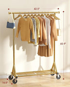 Heavy Duty Stainless Steel Rolling Clothes Rack with Mesh Shelf, Lockable Wheels & Anti-Slip Stoppers, Large Capacity Clothing Organizer for Bedroom, Laundry Room, 42.5" x 16.5" x 65.9", Gold