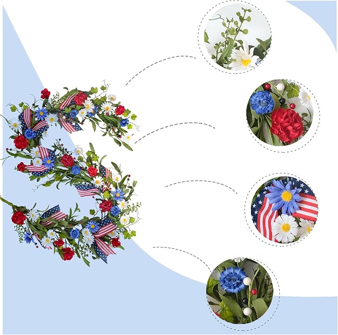 5.9Ft Artificial 4th of July Garland Wreath -Patriotic Garland with Red, White & Blue Daisies, Green Leaves, Berries & Flag Bow for Wall Table Independence Day Memorial Day Indoor/Outdoor