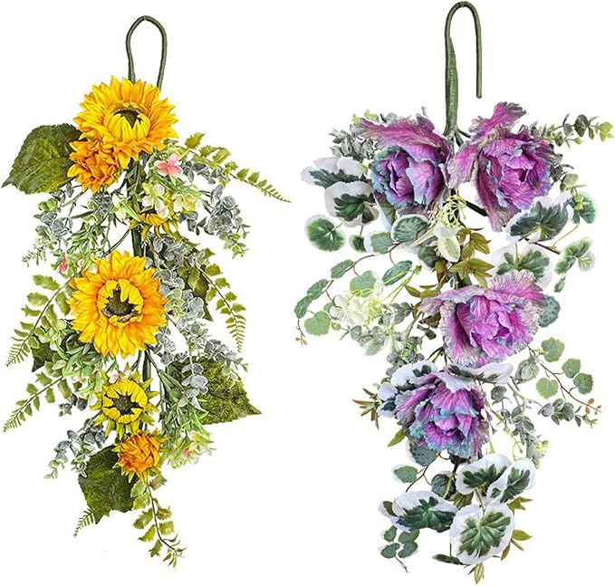 Sunflower Teardrop Swag for Front Door 27.5 Inch Decorative Spring Summer Floral Door Wreath with Yellow Sunflower Spring Summer Greenery Swags Wreath for Wedding Arch Home Party Wall Decor(Yellow)