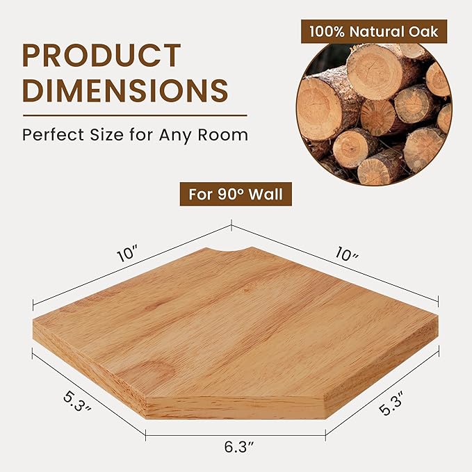 Fun Memories Corner Shelf Wall Mount, Solid Oak Wood Floating Corner Shelves with Cable Hole, 10in Rustic Design for Bedroom, Bathroom, Kitchen, Living Room (Natural, 1 Pack)