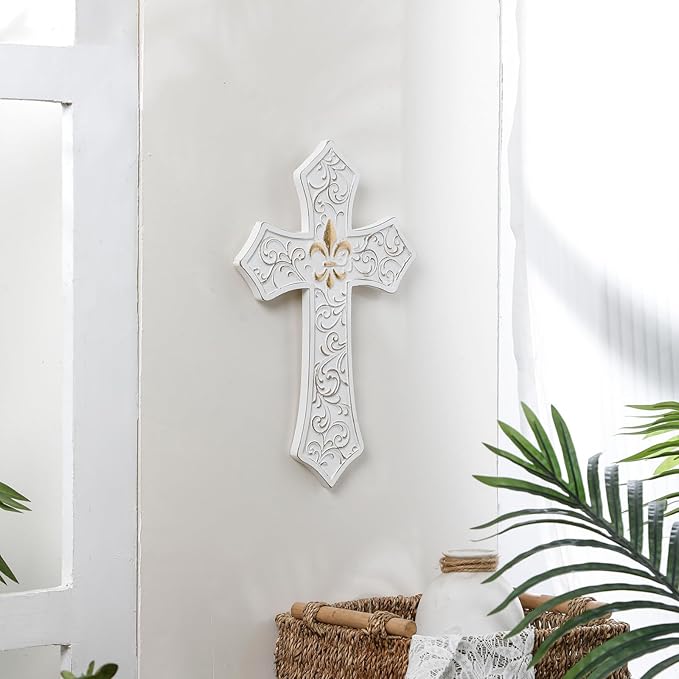 TRENDIN Gold Cross for Wall, Rustic Wooden Cross with Fleur de Lis, Decorative Hanging Christian Wall Art for Home, Living Room, or Bedroom, Distressed White
