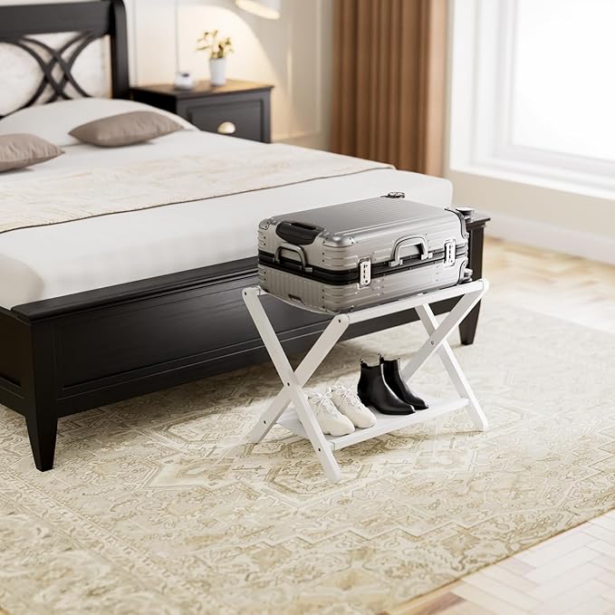 HITNET White Luggage Rack, Folding Suitcase Stand, Bamboo Luggage Holder with Storage for Guest Room Bedroom Hotel