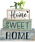 Moucuny 4 Pcs Wooden Farmhouse Table Decor Rustic Home Sweet Home Stacked Blocks Decoration Farmhouse Tiered Tray Decor Decorative Eucalyptus Block Signs Gift for Kitchen Shelf Coffee Table