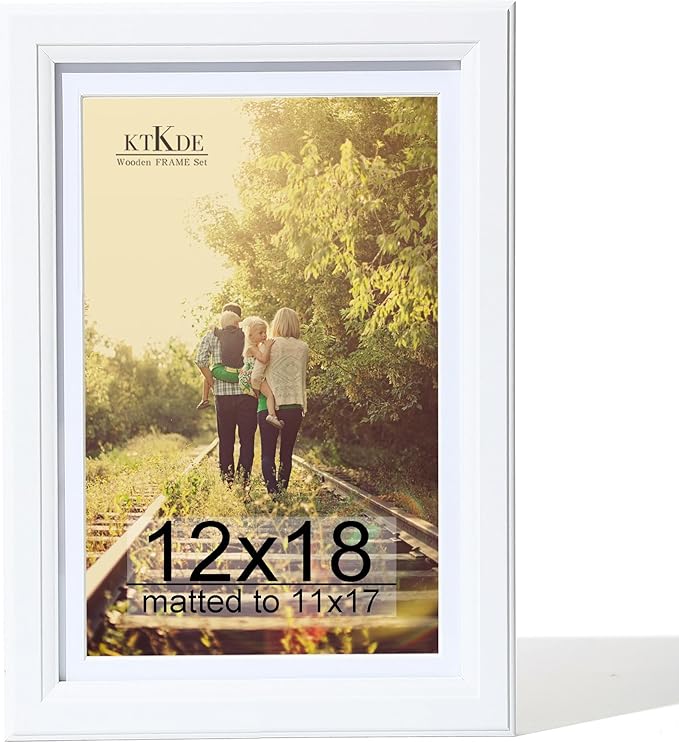 KTKDE 12x18 Wooden Picture Frame,Display Pictures 11x17 with Mat or 12x18 Without, Tempered Glass, 18 by 12 White Frame Wall Gallery Photo Frames Poster Frame best gift