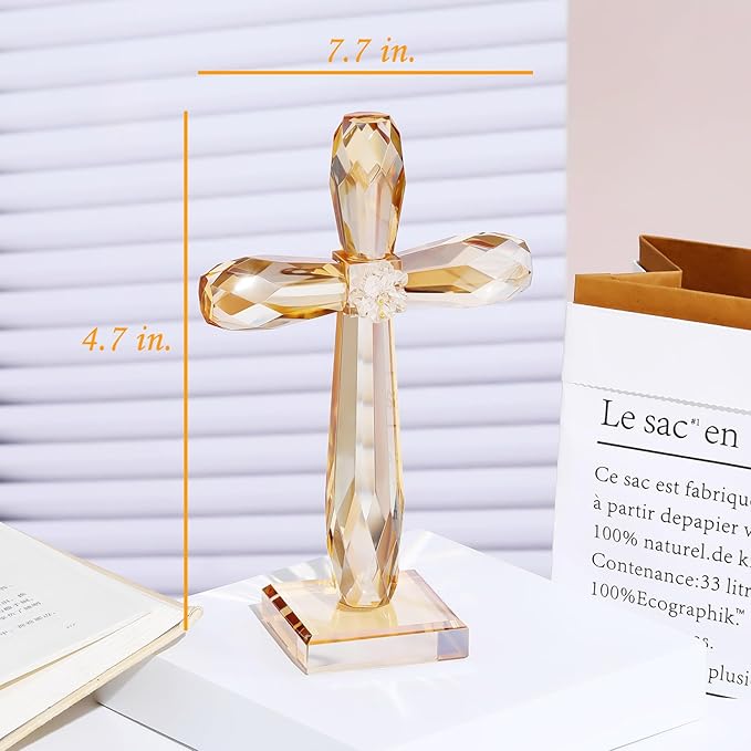 YWHL Champagne Crystal Standing Cross Figurine, Religious Gifts for Women Men, Handmade Glass Holy Easter Cross Collectible Figurines Decoration, Christian Cross for Home Office Decor