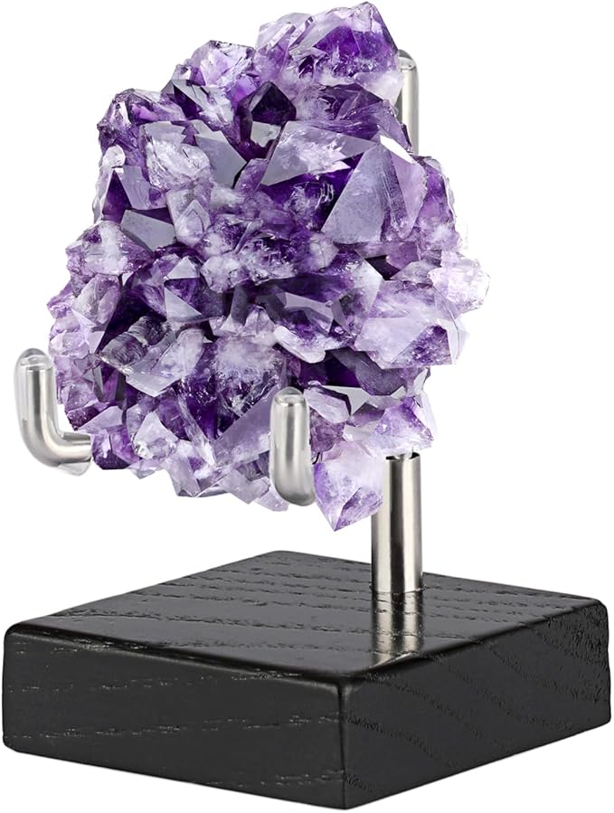 Hipiwe Adjustable Stainless Steel Arms Display Stand Wooden Base Rock Display Small Display Easel Holder for Displaying Fossil Coral Geodes Rock Mineral Agate Plate Seashell and Photos, 2"x2"x3.1"