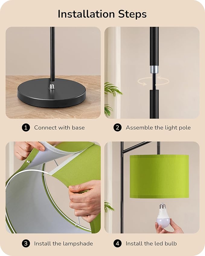 EDISHINE Modern Floor Lamps for Living Room, 64.7" Minimalist Standing Lamp with 3 Color Temperatures Bulb & Adjustable Linen Shade, Foot Pedal Switch, Arc Tall Lamp for Office Bedroom, Green Shade
