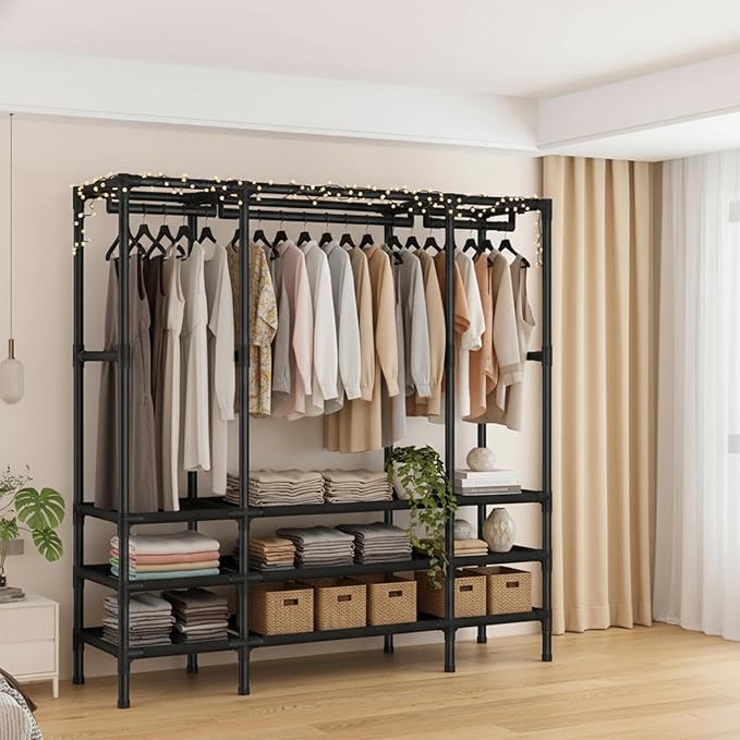 Portable Closet,Garment Rack,Heavy Duty Clothes Rack with Cover,Wardrobe Closet with 3 Hanging Rods, 9 Storage Shelves,55.1" L x 17.7" W x 67.7" H,Black