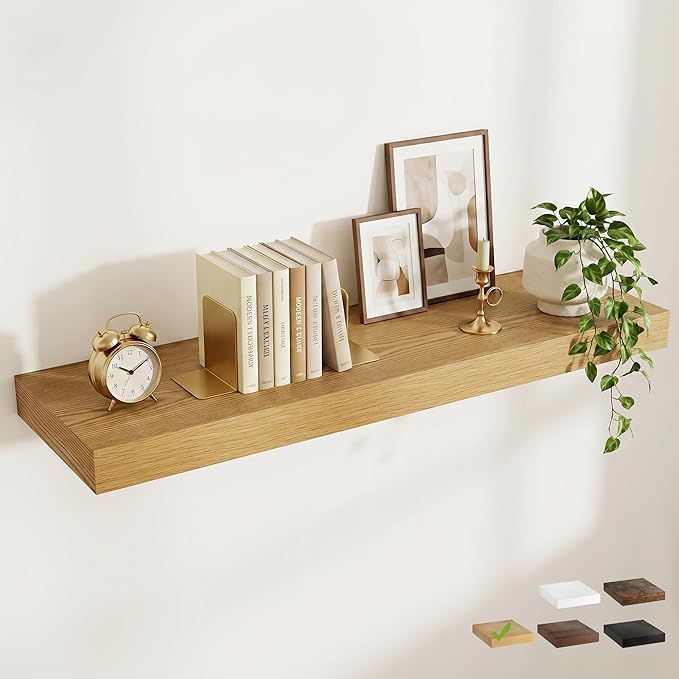 FLYJOE 48 Inch Long Floating Shelves for Wall Set of 1, 12" D Wood Grain Bathroom Shelves with Invisible Brackets, Easy Install Engineered Wood Storage Shelves for Kitchen, Living Room, Bedroom