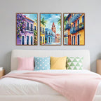 KAlRNE Vintage Cityscape Framed Canvas Wall Art Set of 3(24”X36”),Watercolor Street Scenery Wall Decor,Colorful Tropical Building Painting,Texture Botanical Art Prints For Living Room Bedroom Office