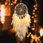 Dremisland White Feathers Dream Catcher Wall Hanging Elegant Wall Art Room Decoration for Windows Balcony Bedroom Wedding Party Gift for Girls and Kids (with Lights)