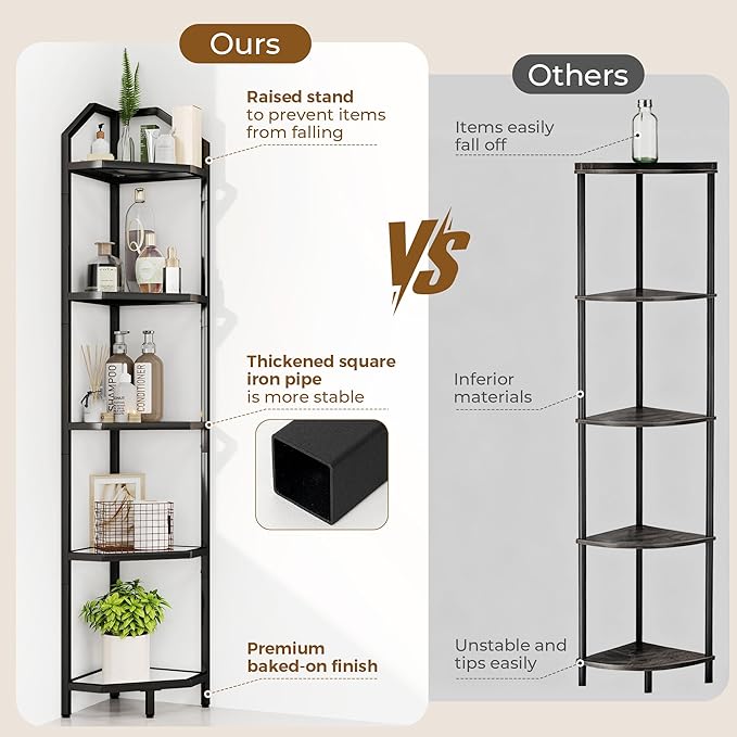 5 Tier Corner Wall Shelf Stand, 66" Metal Corner Shelves Bookshelf Display Shelf for Living Room Decor, Tall Plant Stand Multi Unit Organizer, Standing Shelf for Bedroom,Bathroom,Small Space (Black)