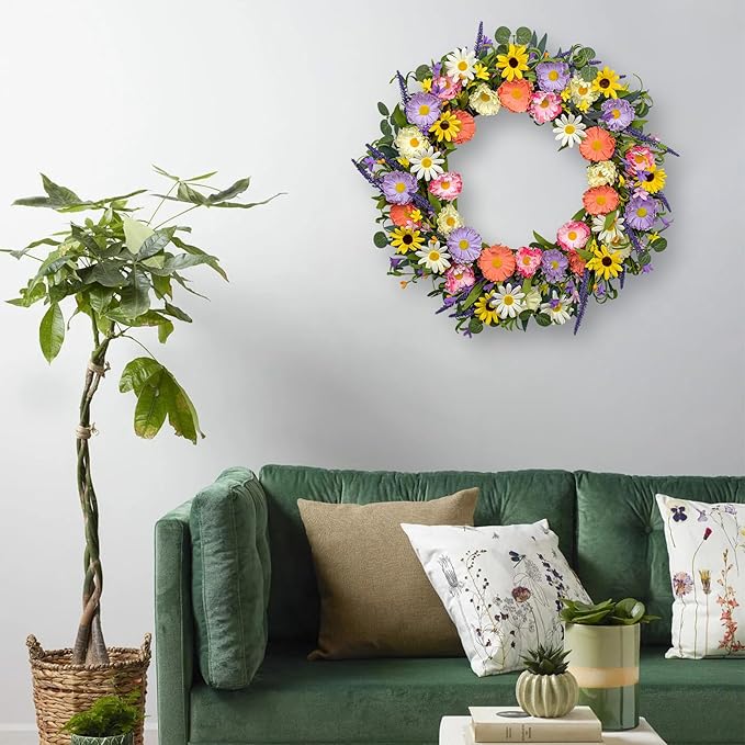 VioletEverGarden Spring Wreaths for Front Door 22 Inch Spring Wreath 6 Colors Summer Wreath with Lavender Daisy and Eucalyptus for Indoor Outdoor Holiday Celebration