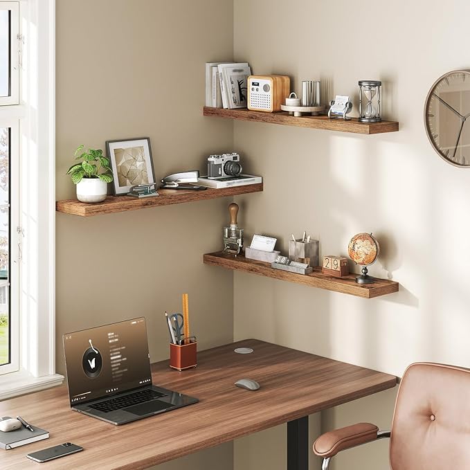 RALGEND Floating Shelves for Wall, 1.5" Thick Wall Shelf Set of 3 with Invisible Brackets, L31.5 x W7.9 Hanging Shelves Farmhouse Home Decor for Bathroom, Living Room, Bedroom, Rustic Brown 8301BJP3BF